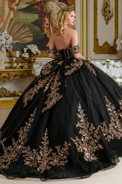 Detachable Off Shoulder Strap Bejeweled Bodice Corset Back Ball Gown With Detachable Back Bow