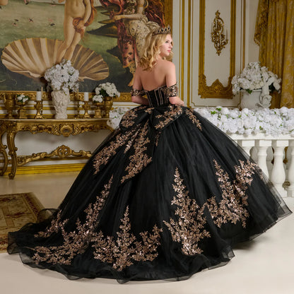 Detachable Off Shoulder Strap Bejeweled Bodice Corset Back Ball Gown With Detachable Back Bow