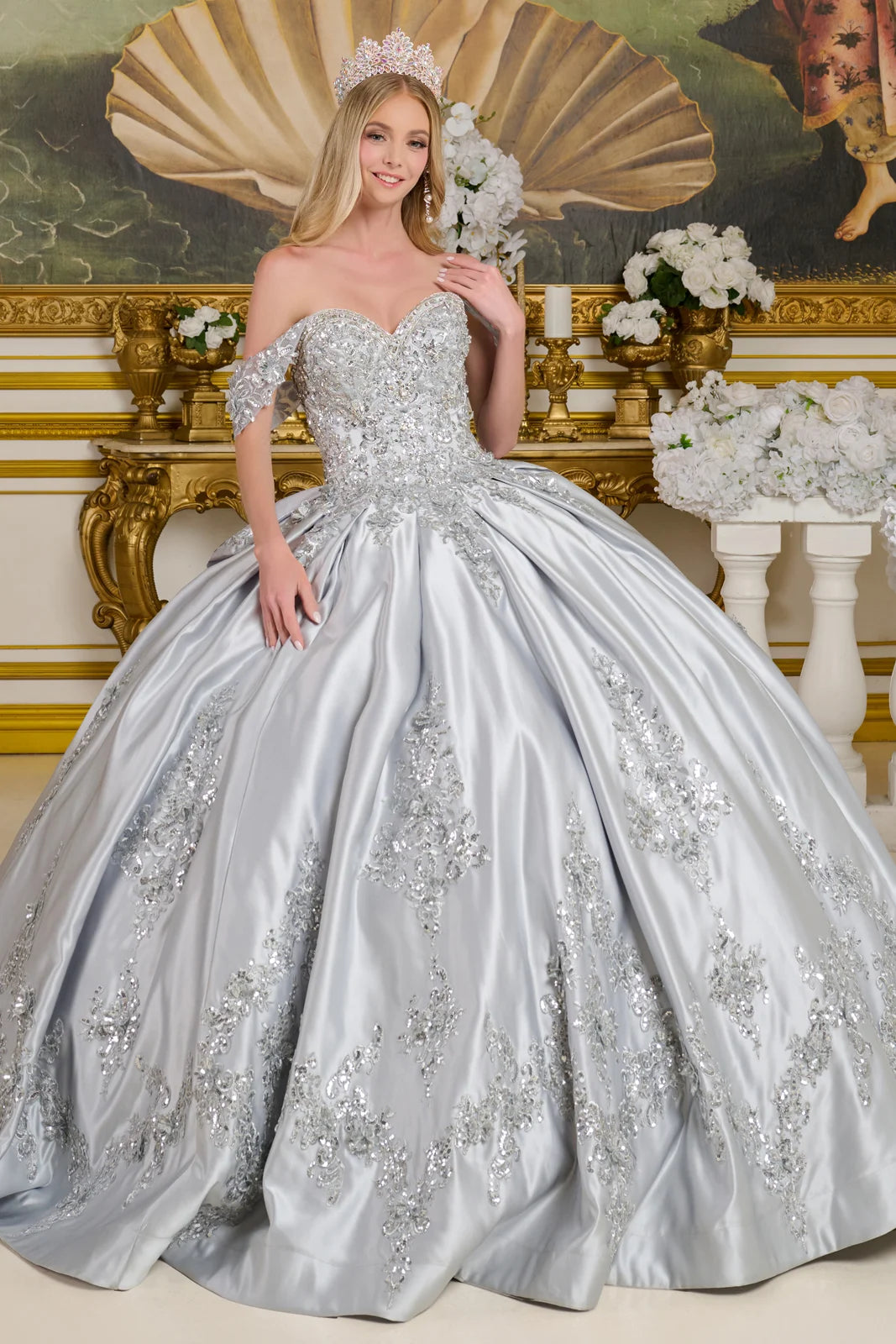 Embellished Detachable Shoulder Straps Satin Ball Gown W Detachable Back Bow