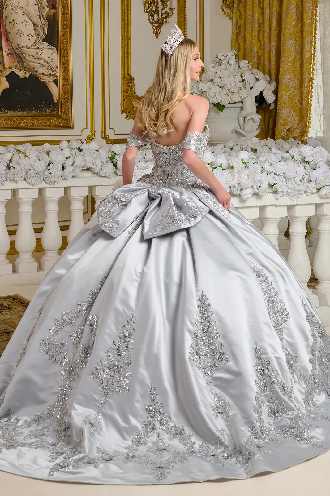 Embellished Detachable Shoulder Straps Satin Ball Gown W Detachable Back Bow