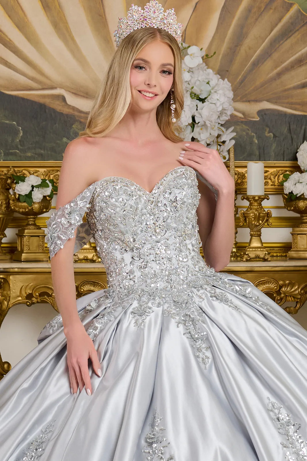 Embellished Detachable Shoulder Straps Satin Ball Gown W Detachable Back Bow
