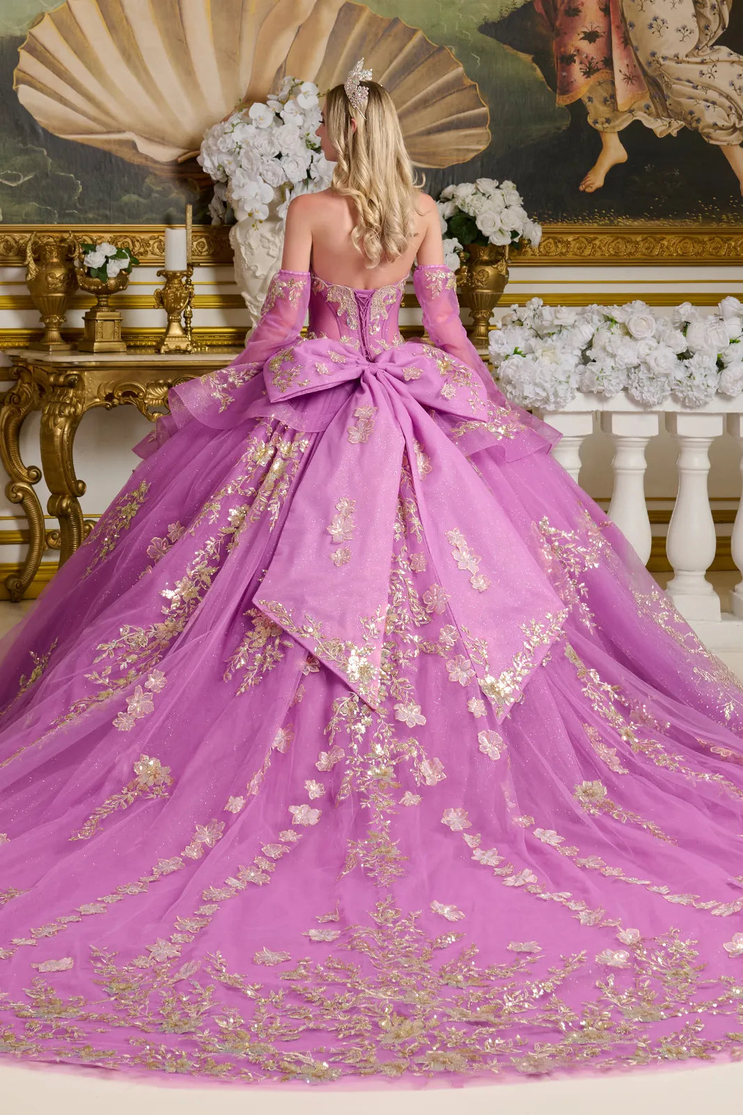 Detached Long Sleeves Sheer Corset Style Cover Layer Glittery Waist Layered Ruffles Bow Ball Gown