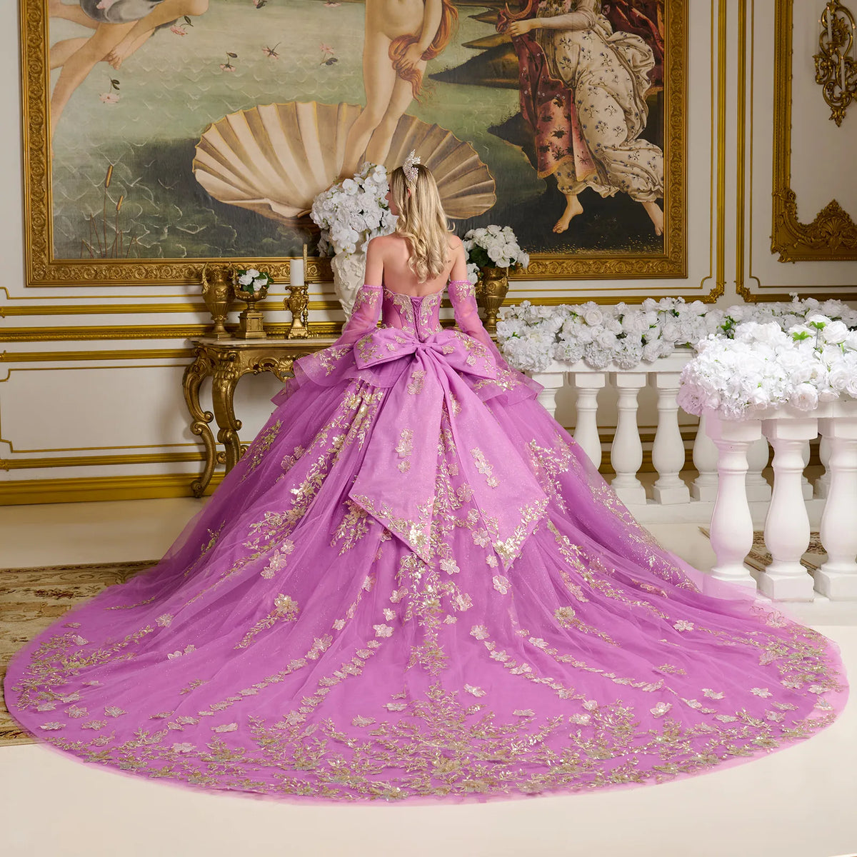 Detached Long Sleeves Sheer Corset Style Cover Layer Glittery Waist Layered Ruffles Bow Ball Gown