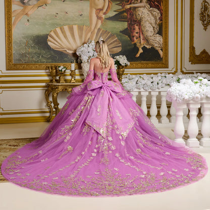Detached Long Sleeves Sheer Corset Style Cover Layer Glittery Waist Layered Ruffles Bow Ball Gown