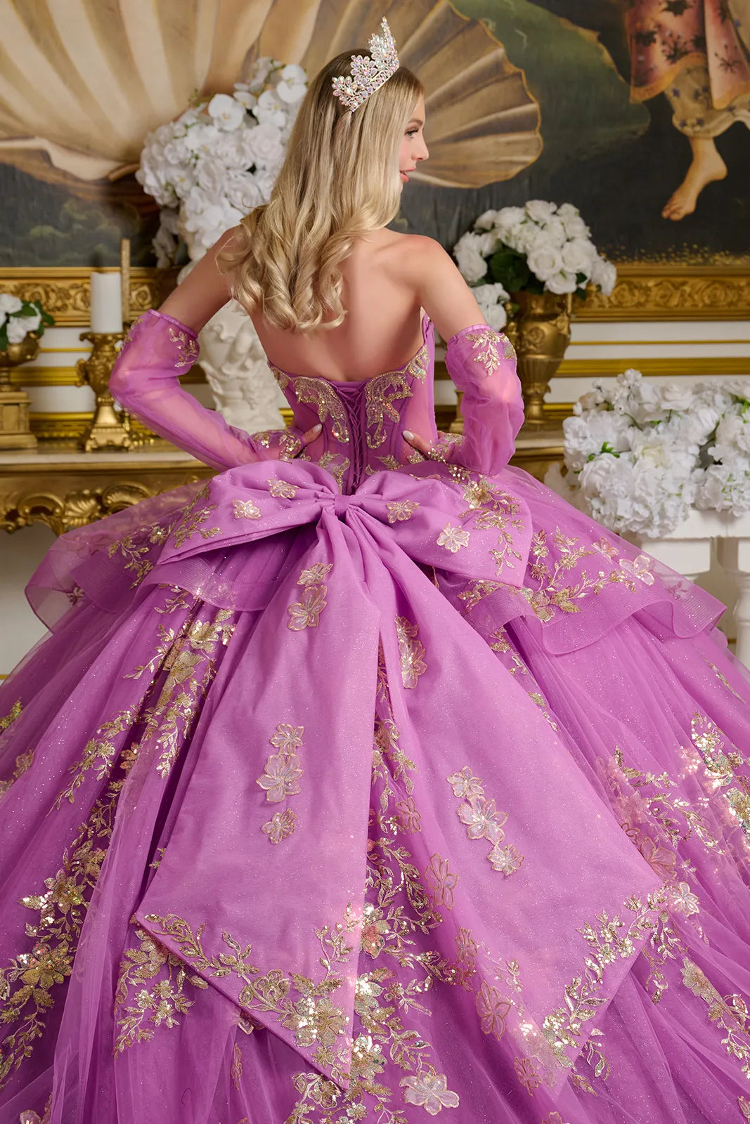 Detached Long Sleeves Sheer Corset Style Cover Layer Glittery Waist Layered Ruffles Bow Ball Gown