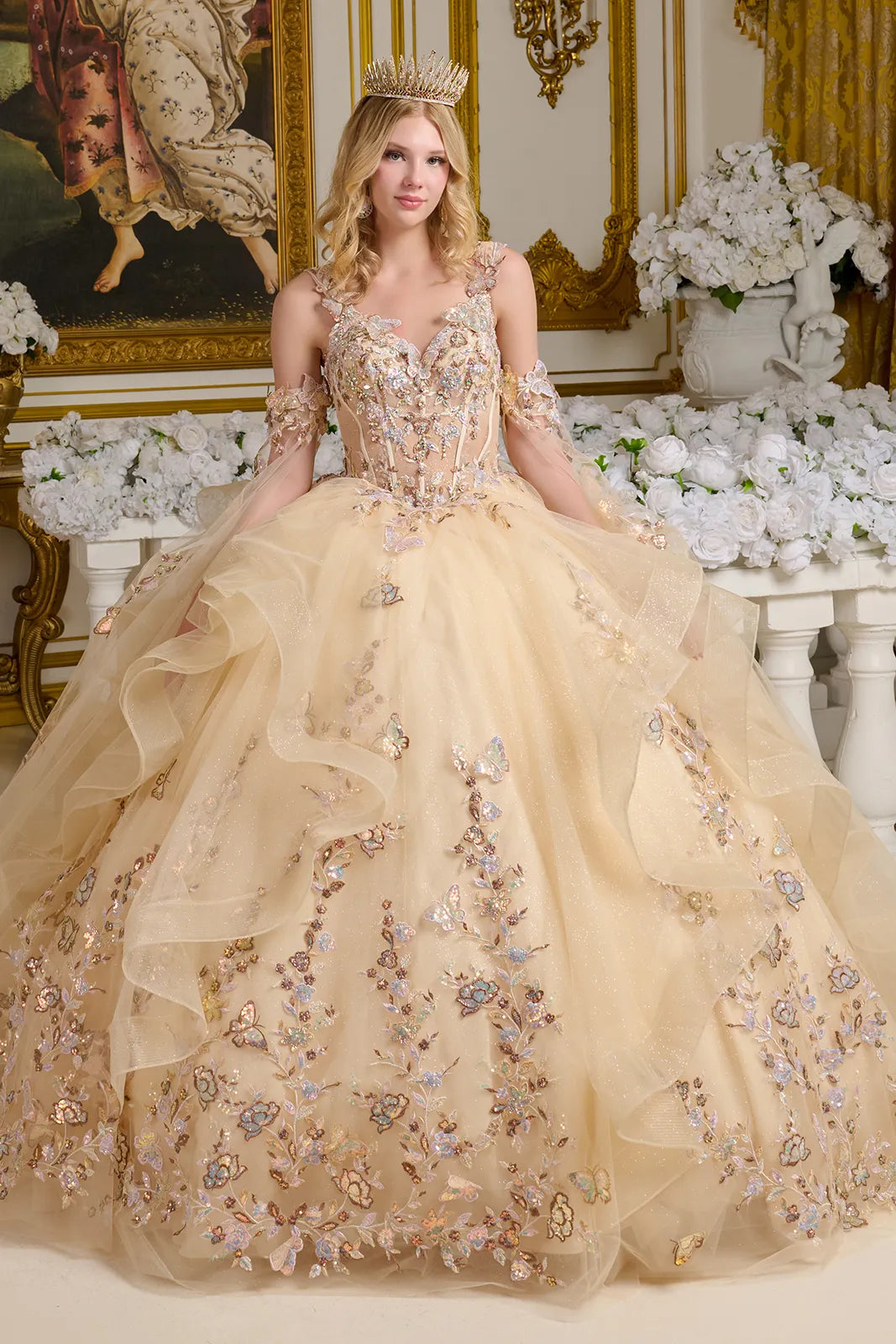 3d Butterfly Applique Embellished Shoulder Strap Cape Sleeves Cascading Ruffles Ball Gown