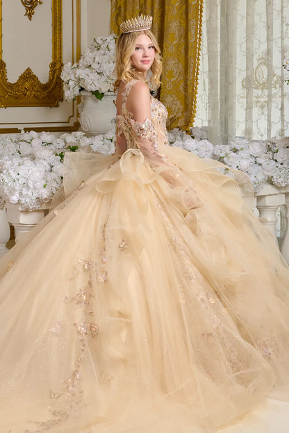 3d Butterfly Applique Embellished Shoulder Strap Cape Sleeves Cascading Ruffles Ball Gown