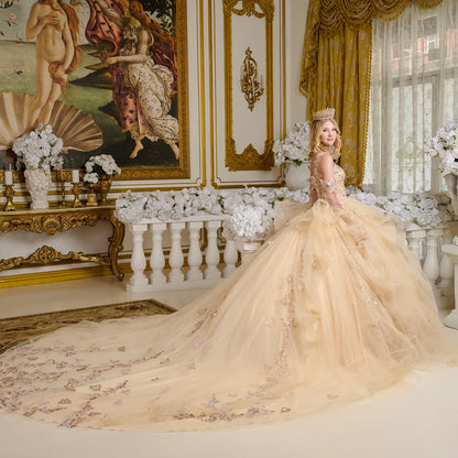 3d Butterfly Applique Embellished Shoulder Strap Cape Sleeves Cascading Ruffles Ball Gown