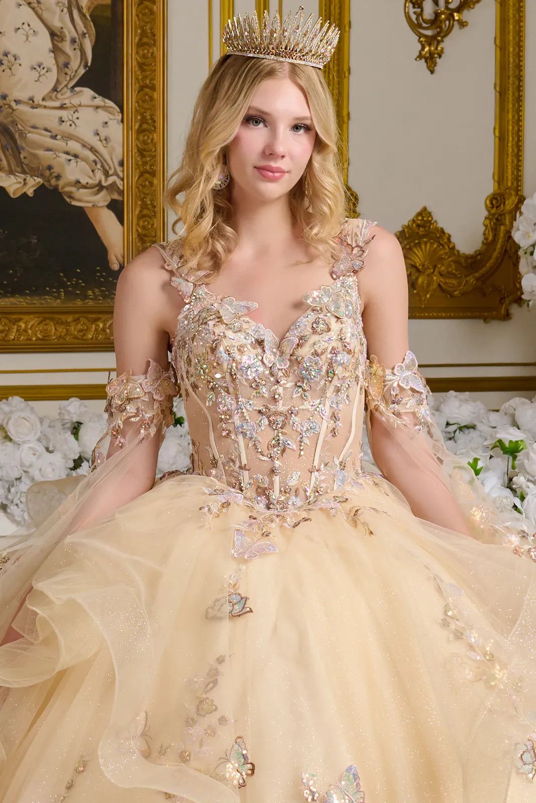 3d Butterfly Applique Embellished Shoulder Strap Cape Sleeves Cascading Ruffles Ball Gown