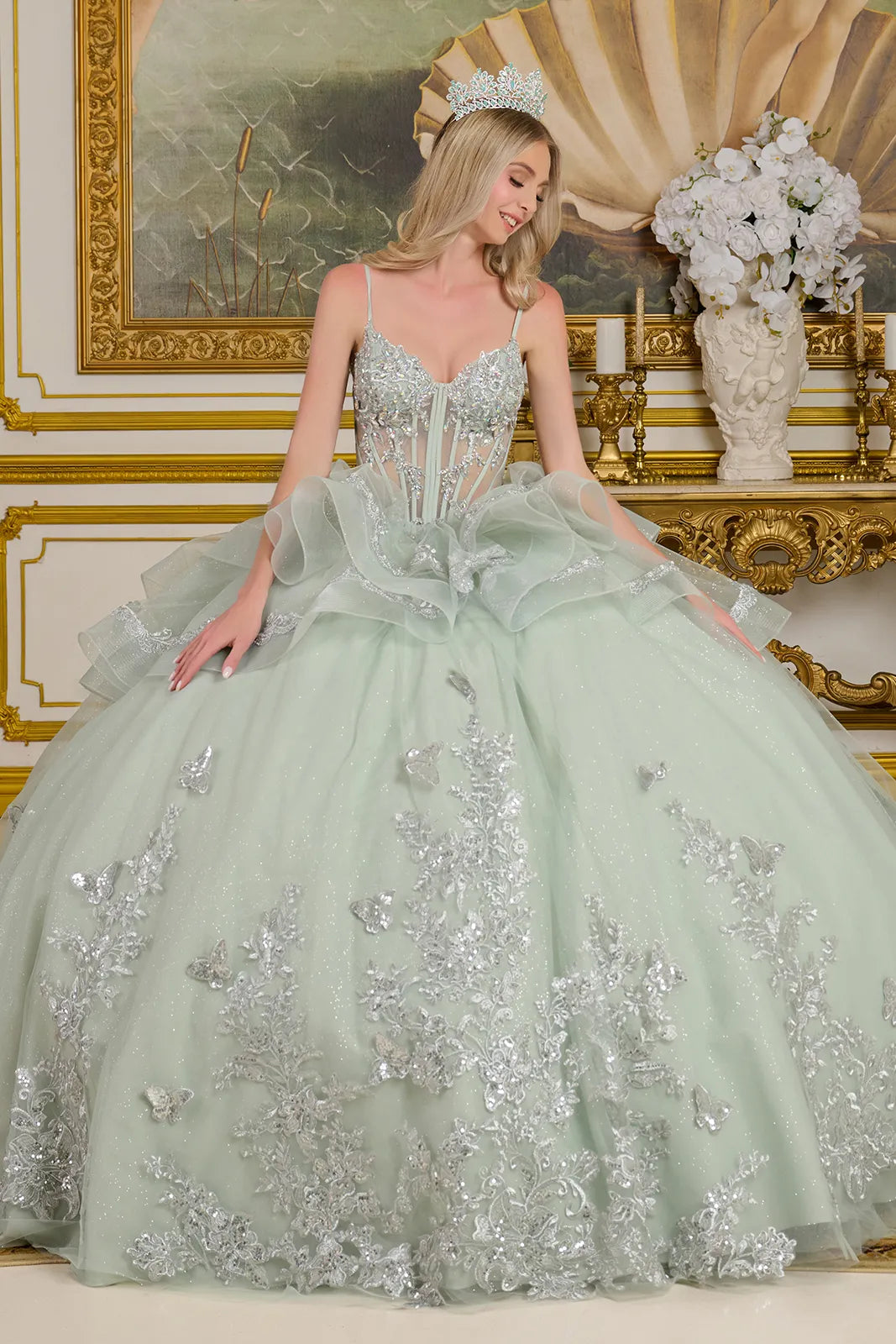 3d Metal Leaf Charm 3d Butterfly Applique Ruffle Layer Cascading Back Spaghetti Strap Ball Gown