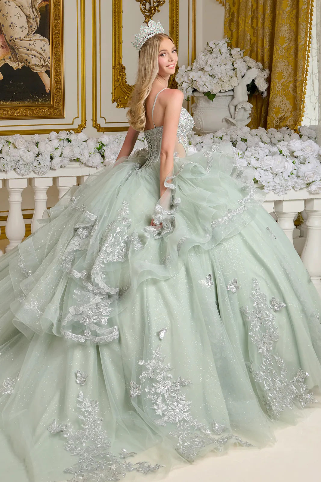 3d Metal Leaf Charm 3d Butterfly Applique Ruffle Layer Cascading Back Spaghetti Strap Ball Gown