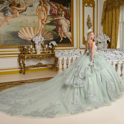 3d Metal Leaf Charm 3d Butterfly Applique Ruffle Layer Cascading Back Spaghetti Strap Ball Gown