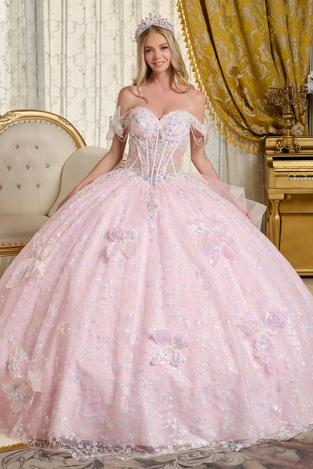 3d Butterfly Applique 3d Flower Beads Back Cascading Ruffle Layer Two Detachable Back Bow Ball Gown