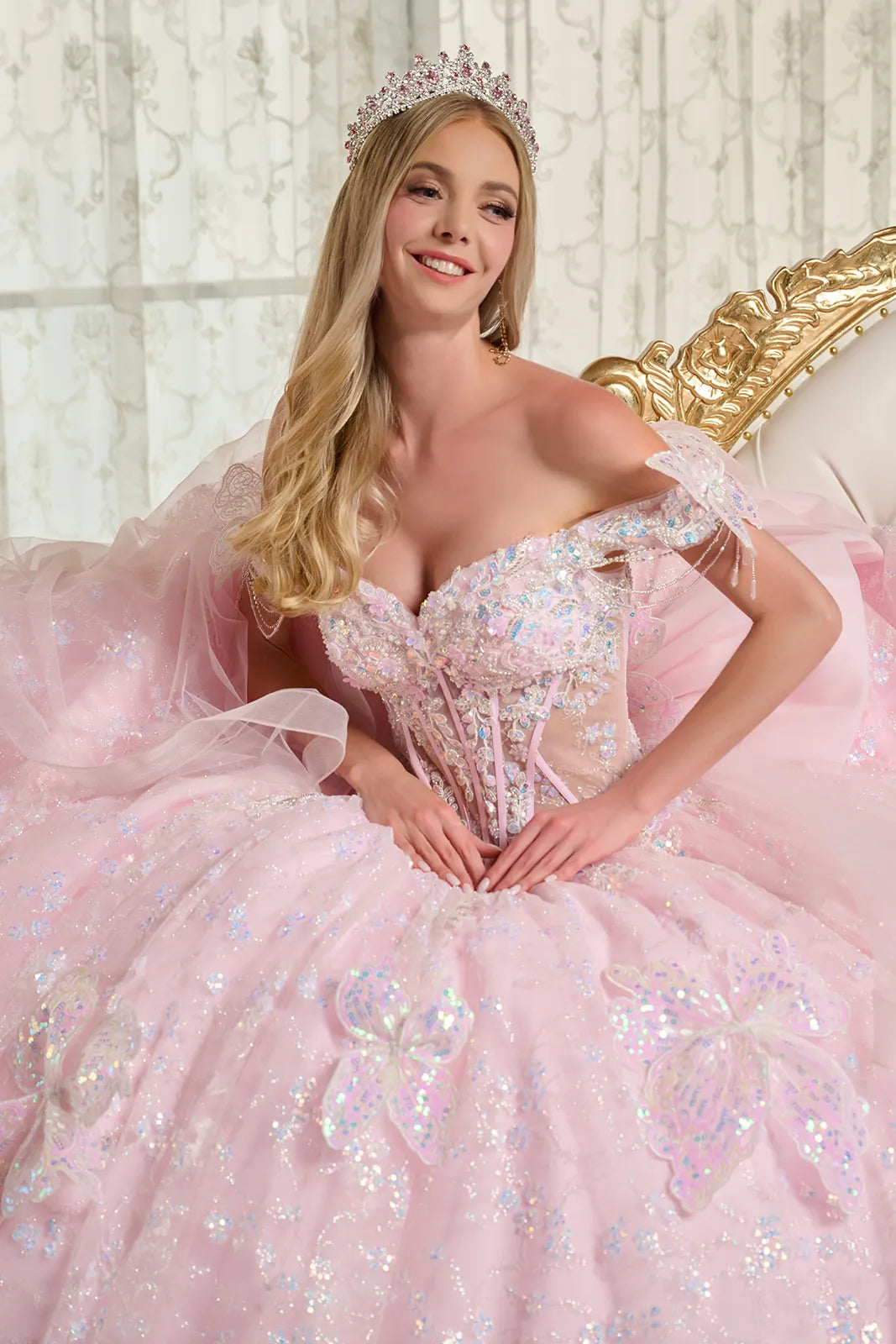 3d Butterfly Applique 3d Flower Beads Back Cascading Ruffle Layer Two Detachable Back Bow Ball Gown