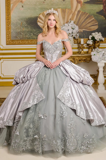Bubble Hem Satin Split Back Overskirt Detachable Back Bow Off Shoulder Strap Ball Gown
