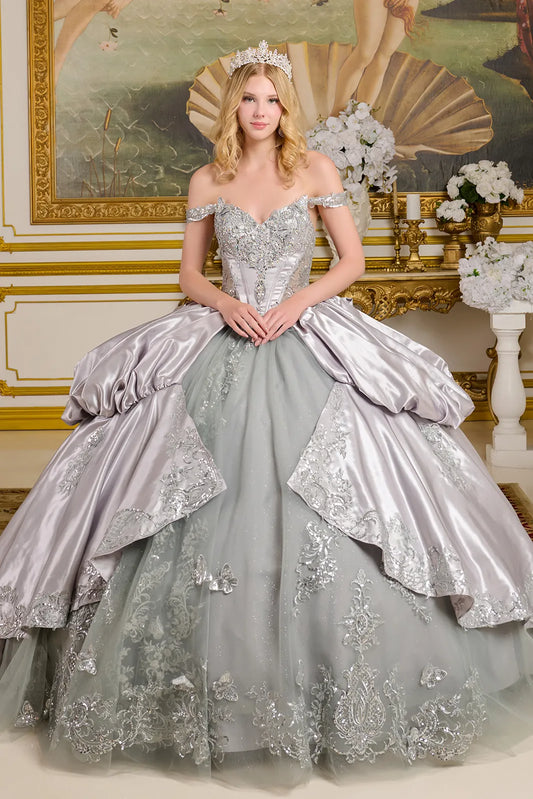 Bubble Hem Satin Split Back Overskirt Detachable Back Bow Off Shoulder Strap Ball Gown