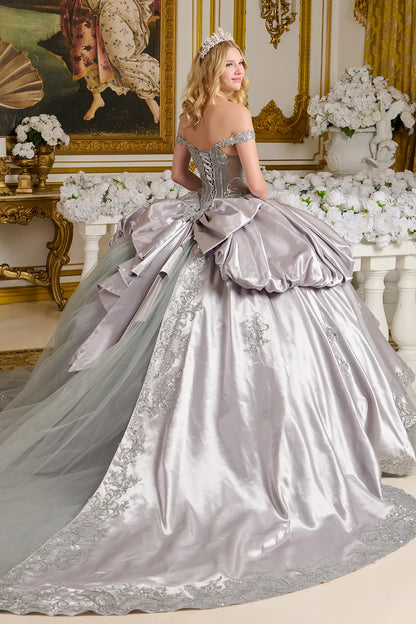Bubble Hem Satin Split Back Overskirt Detachable Back Bow Off Shoulder Strap Ball Gown