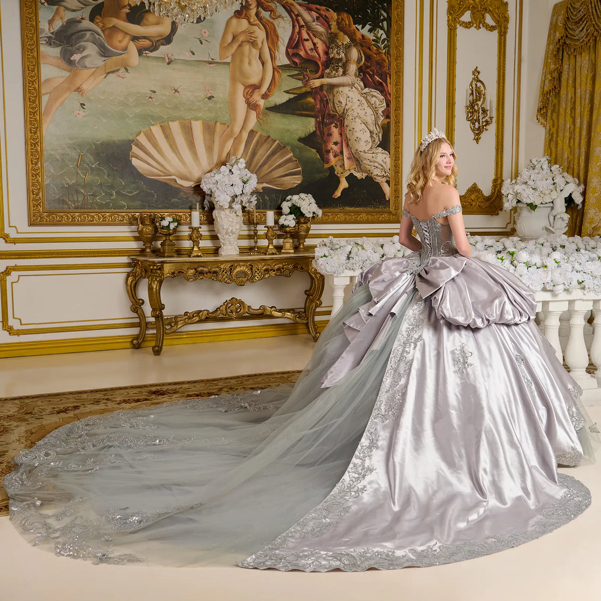 Bubble Hem Satin Split Back Overskirt Detachable Back Bow Off Shoulder Strap Ball Gown