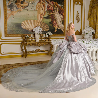 Bubble Hem Satin Split Back Overskirt Detachable Back Bow Off Shoulder Strap Ball Gown