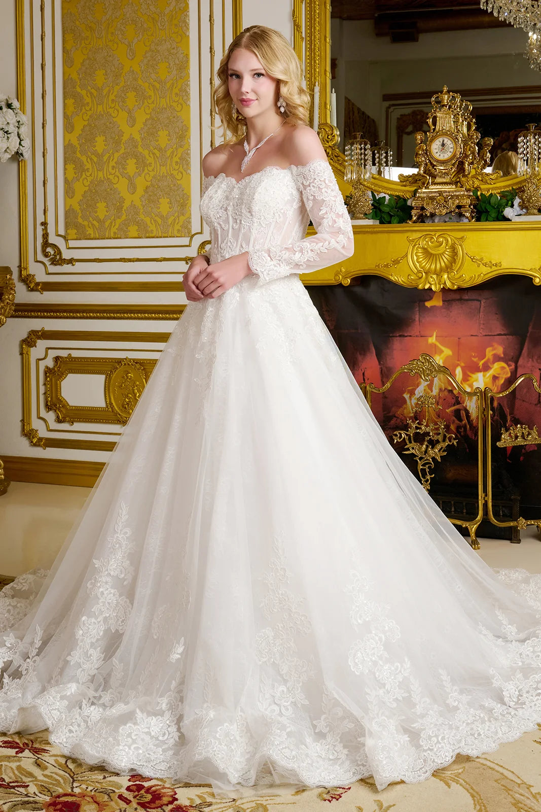Wedding Gown  A Line A Wide V-Neckline  Off-The-Shoulder Sleeves