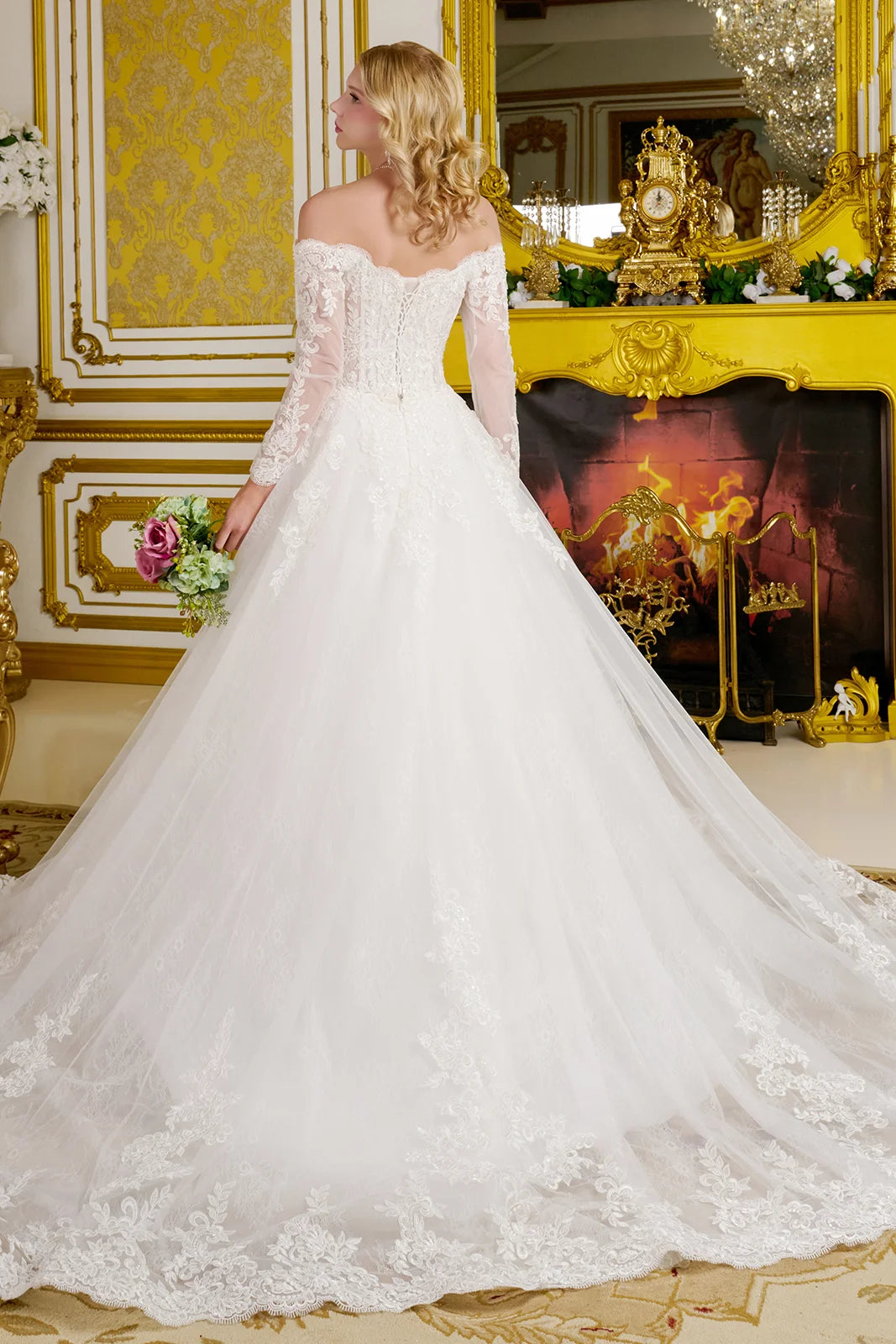 Wedding Gown  A Line A Wide V-Neckline  Off-The-Shoulder Sleeves