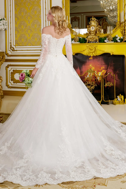 Wedding Gown  A Line A Wide V-Neckline  Off-The-Shoulder Sleeves