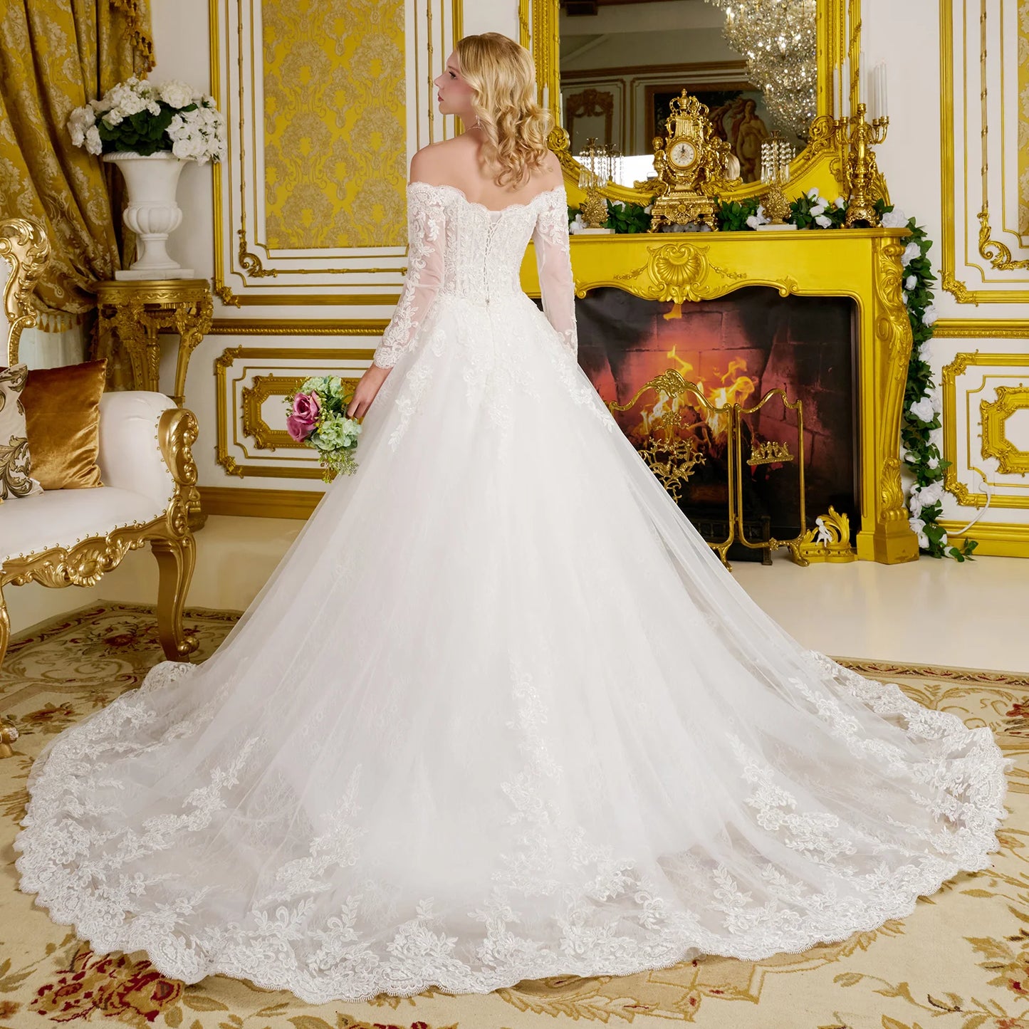 Wedding Gown  A Line A Wide V-Neckline  Off-The-Shoulder Sleeves