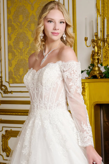 Wedding Gown  A Line A Wide V-Neckline  Off-The-Shoulder Sleeves
