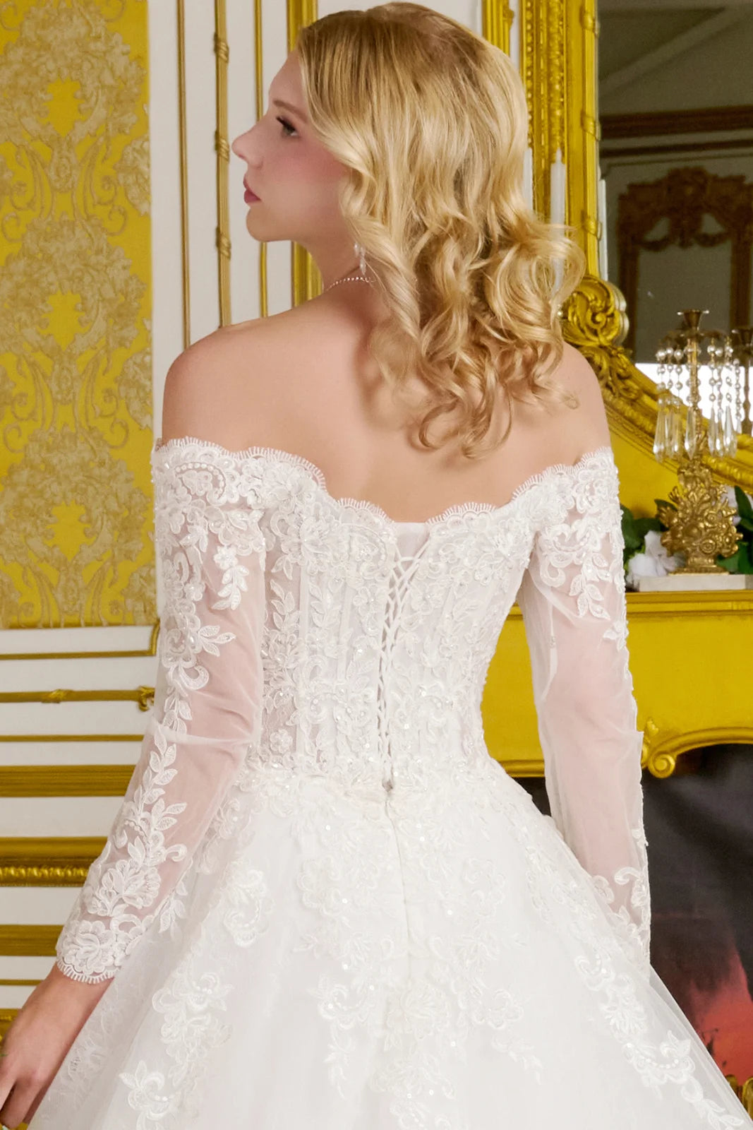 Wedding Gown  A Line A Wide V-Neckline  Off-The-Shoulder Sleeves