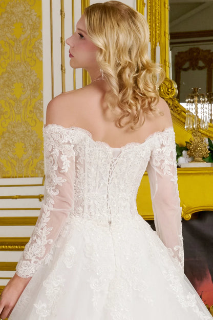 Wedding Gown  A Line A Wide V-Neckline  Off-The-Shoulder Sleeves