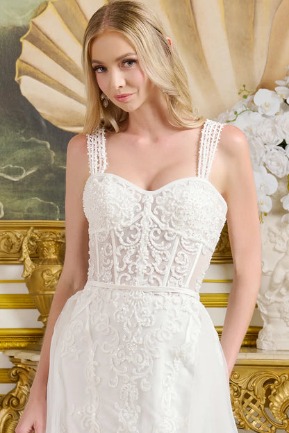 Form-Fitting Wedding Gown Multiple Beaded Spaghetti Straps Sweetheart Neckline Bodice