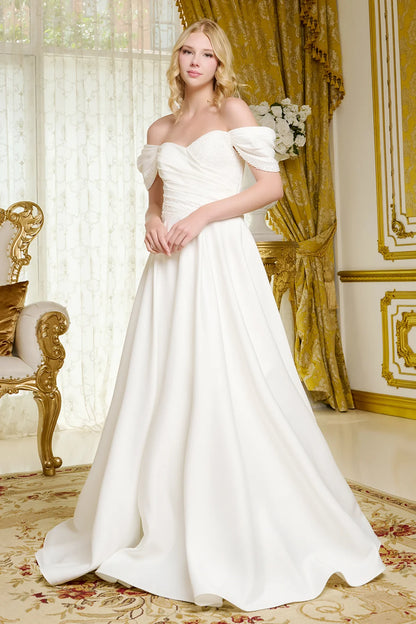 Satin Wedding Gown A Minimalist Aesthetic Off-The-Shoulder Sleeves
