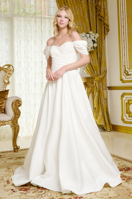 Satin Wedding Gown A Minimalist Aesthetic Off-The-Shoulder Sleeves