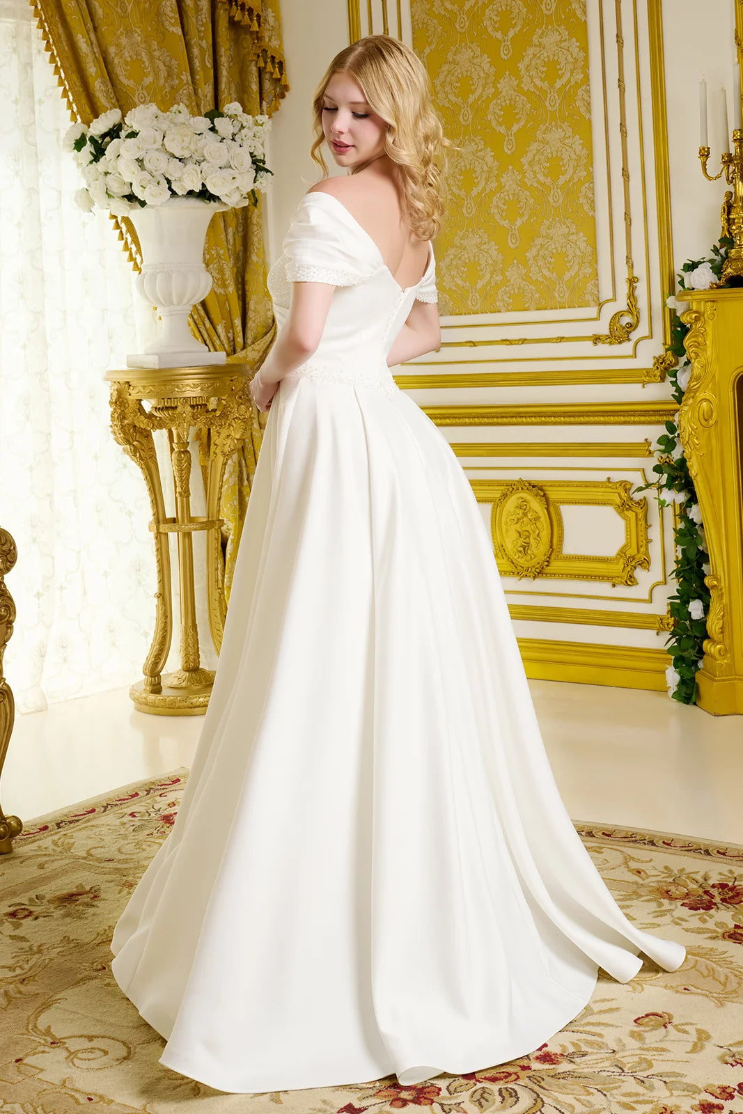 Satin Wedding Gown A Minimalist Aesthetic Off-The-Shoulder Sleeves