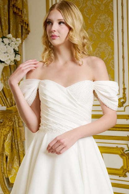 Satin Wedding Gown A Minimalist Aesthetic Off-The-Shoulder Sleeves