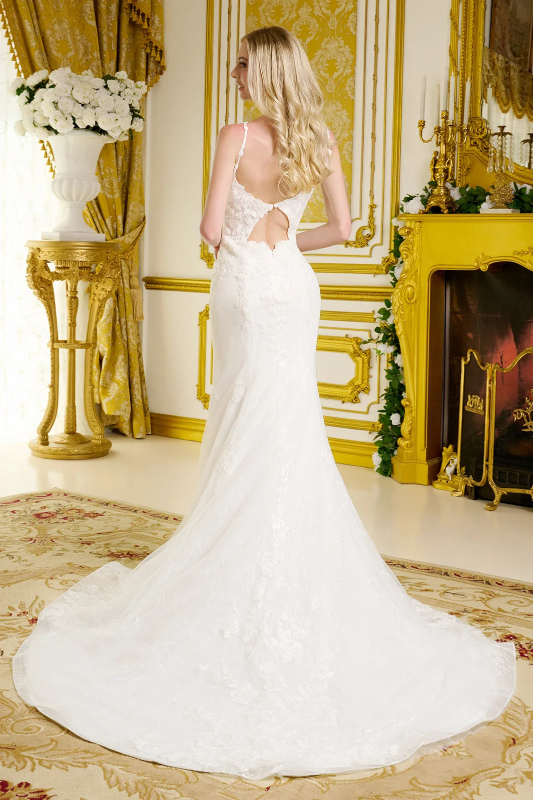 Form-Fitting Wedding Gown  Spaghetti Straps Illusion V-Neckline Bodice