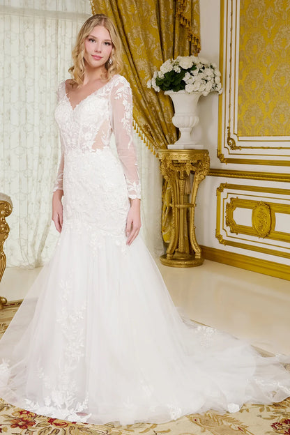 Wedding Gown, V-Neckline And Sheer Long Sleeves, With Beads, Embroidery, And Sequins.