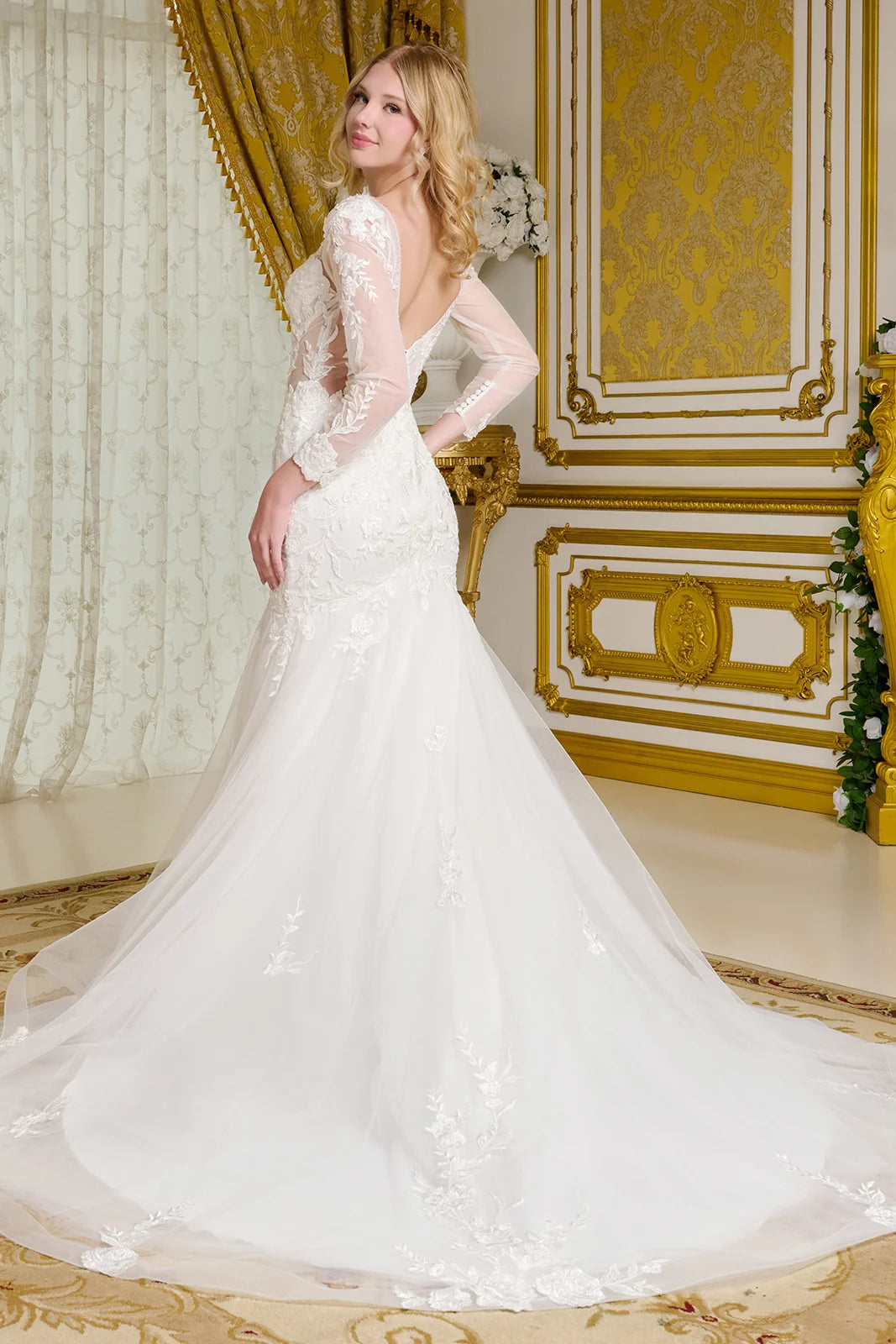 Wedding Gown, V-Neckline And Sheer Long Sleeves, With Beads, Embroidery, And Sequins.