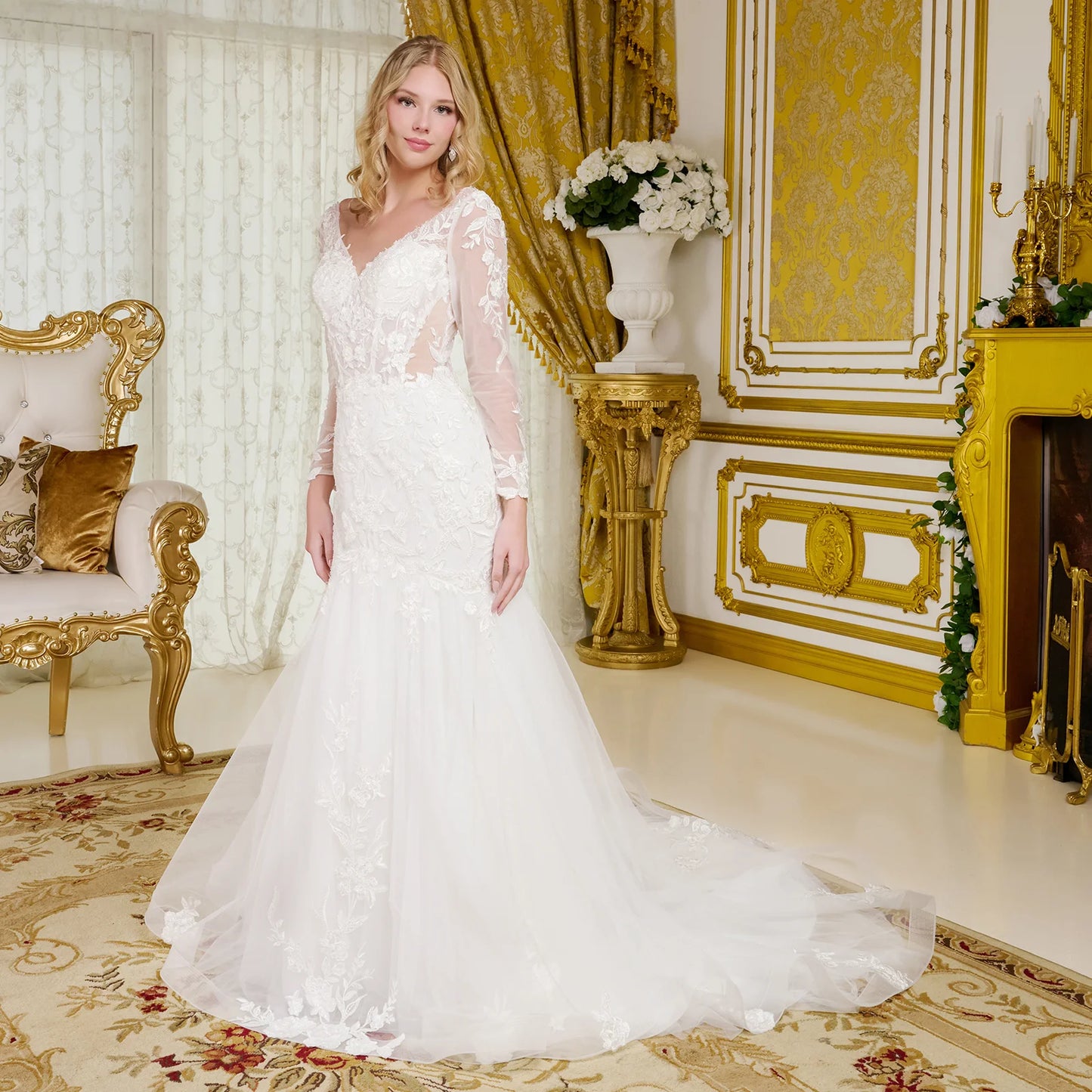 Wedding Gown, V-Neckline And Sheer Long Sleeves, With Beads, Embroidery, And Sequins.