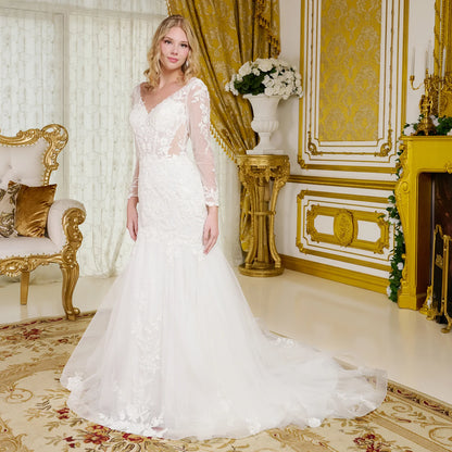 Wedding Gown, V-Neckline And Sheer Long Sleeves, With Beads, Embroidery, And Sequins.