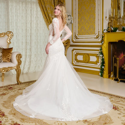 Wedding Gown, V-Neckline And Sheer Long Sleeves, With Beads, Embroidery, And Sequins.