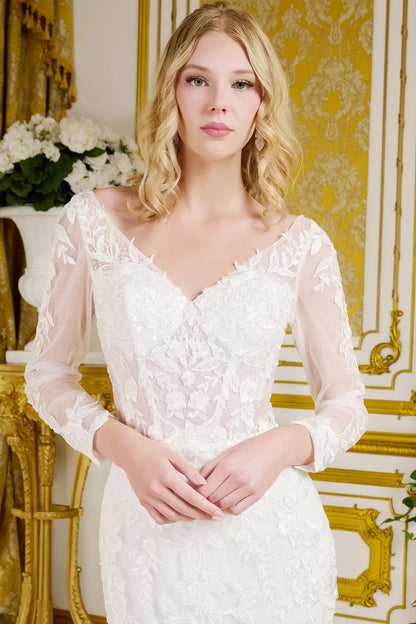 Wedding Gown, V-Neckline And Sheer Long Sleeves, With Beads, Embroidery, And Sequins.