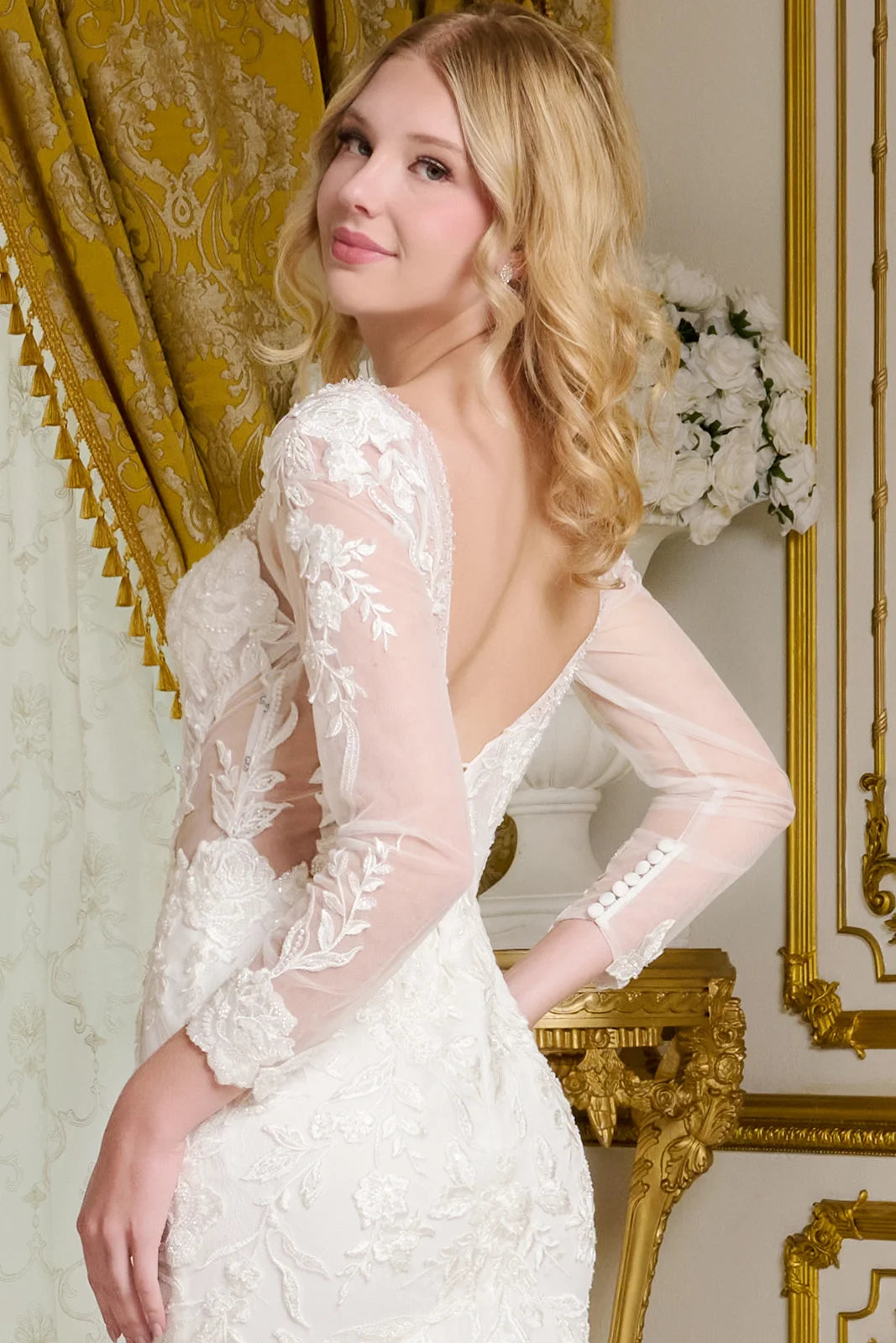 Wedding Gown, V-Neckline And Sheer Long Sleeves, With Beads, Embroidery, And Sequins.
