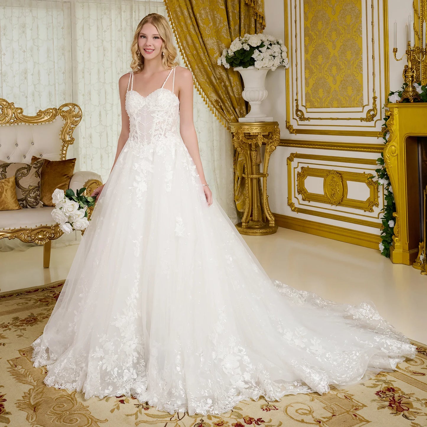 Spaghetti Straps, Sweetheart Neckline Bodice A-Line Wedding Gown