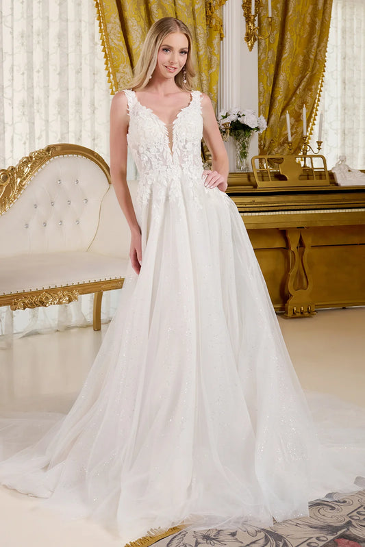 A-Line Wedding Dress, Fitted Bodice With Straps Adorned With Beads, Embroidery And Glitter