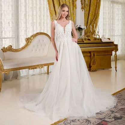 A-Line Wedding Dress, Fitted Bodice With Straps Adorned With Beads, Embroidery And Glitter