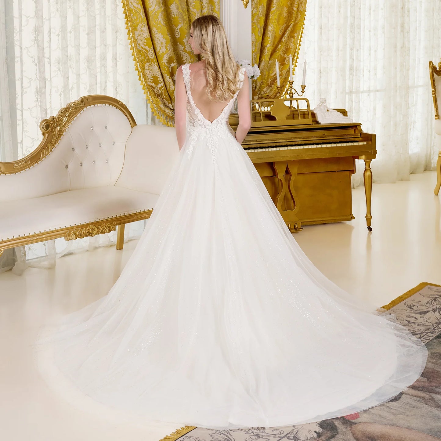 A-Line Wedding Dress, Fitted Bodice With Straps Adorned With Beads, Embroidery And Glitter