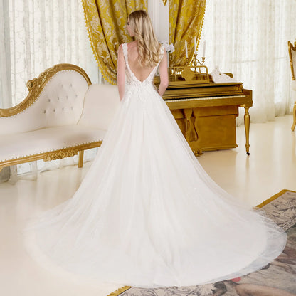 A-Line Wedding Dress, Fitted Bodice With Straps Adorned With Beads, Embroidery And Glitter