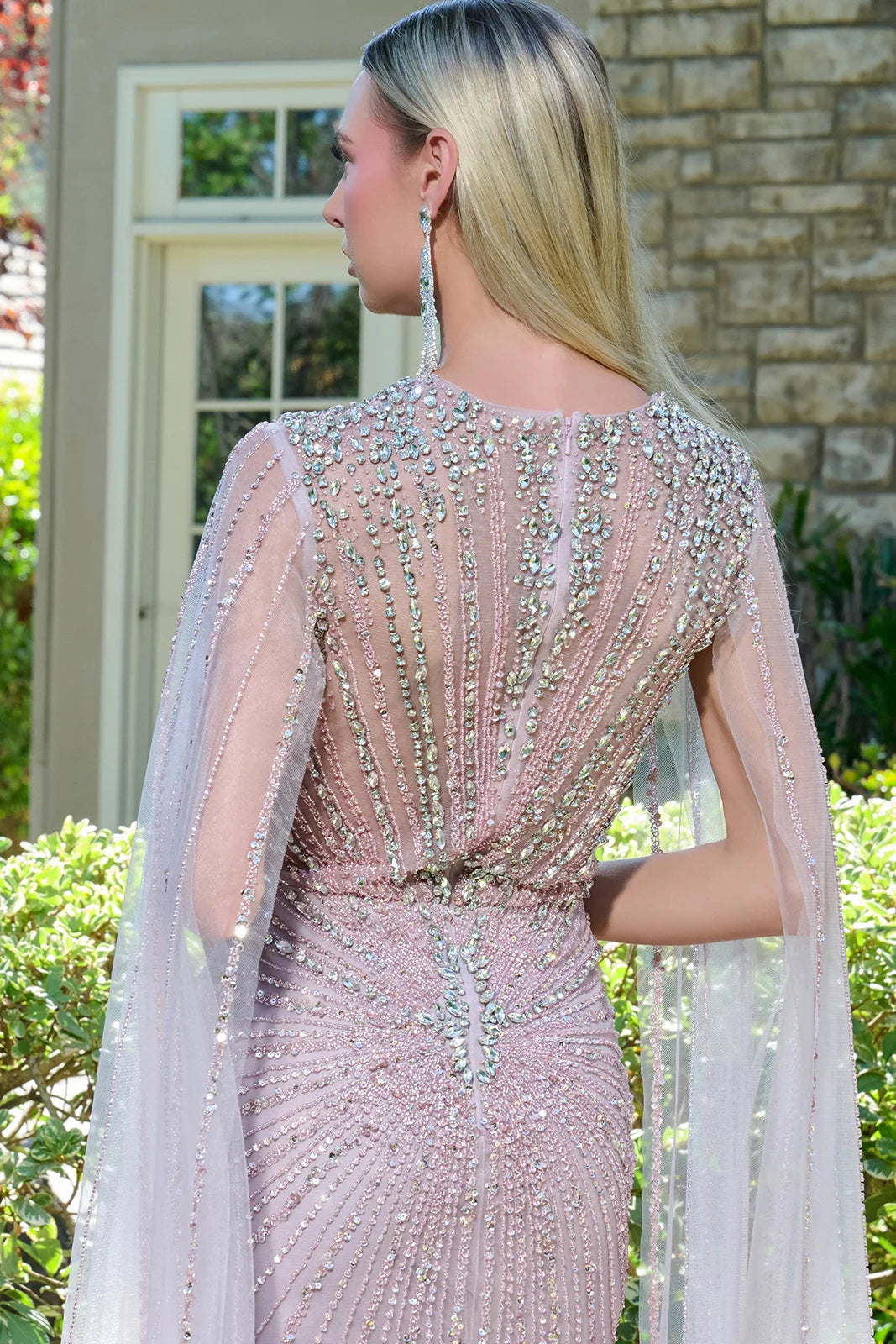 Queen Anne Neckline Cape Sleeves Zipper Fitted Embellished Dress