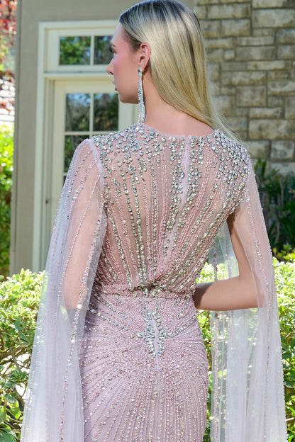 Queen Anne Neckline Cape Sleeves Zipper Fitted Embellished Dress